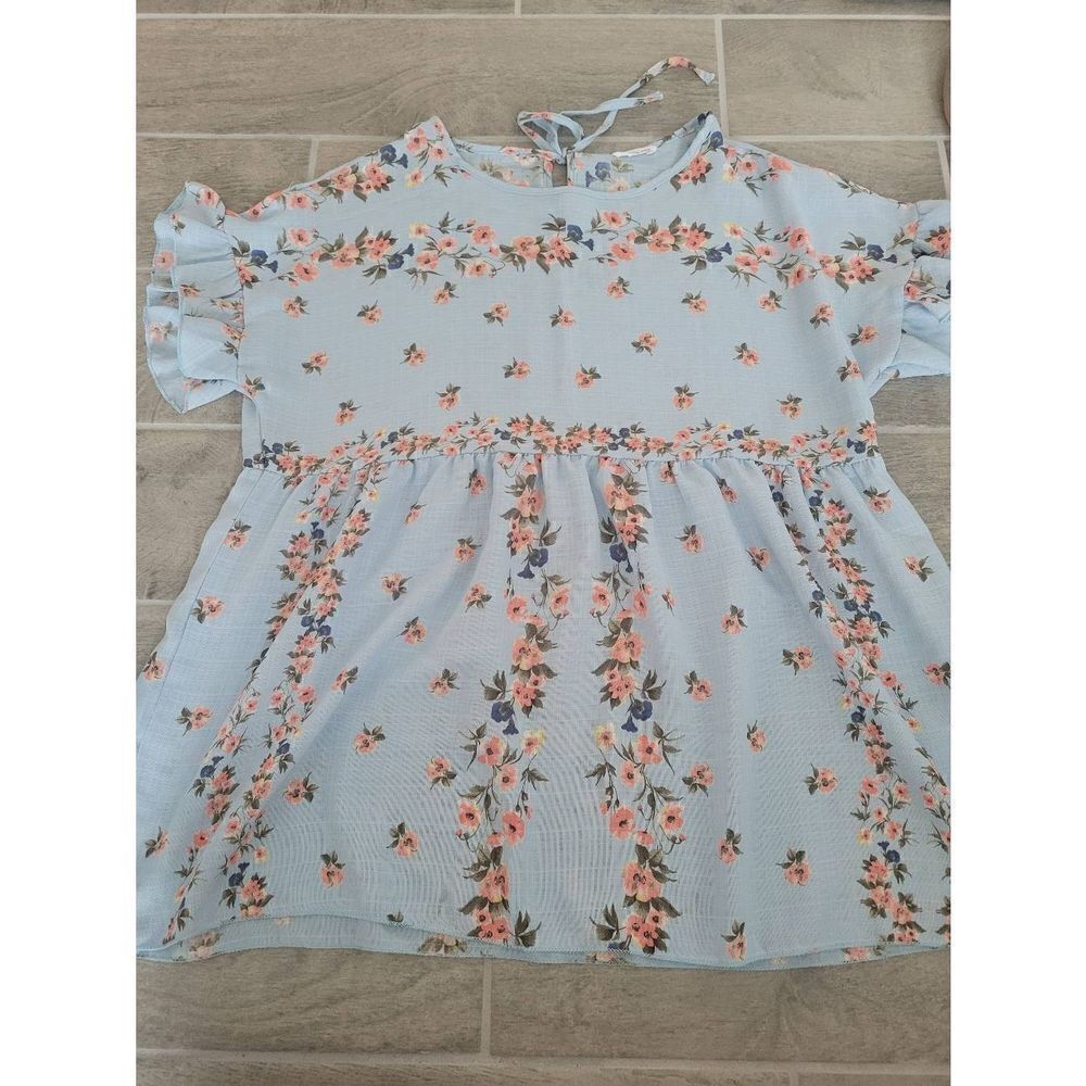 Chicsoul‎ Light Blue  Floral Baby Doll Peplum Hem Short Sleeve Blouse Size 1X